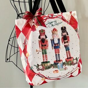 New Red Christmas Retro Style Nutcracker Shopping Tote Bag w/ Plaid Bow - 17”